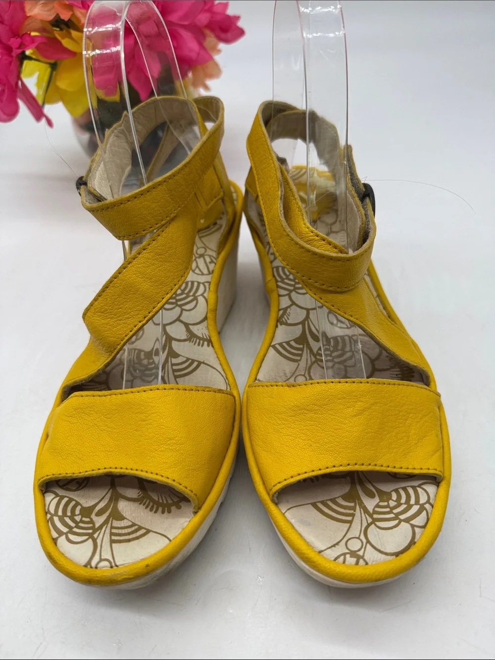 Fly London Mustard Yellow Wedge Sandals with Ankle Strap Size 38